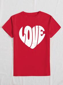 T-shirt femme à manches courtes à col rond, imprimé avec graphique vintage en forme de cœur "LOVE" pour la Fête des mères. Vêtement en tissu confortable, adapté au printemps/été pour un usage extérieur