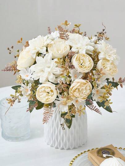 1件仿真丝牡丹、雏菊和菊花花束装饰，逼真花卉摆设，适合家居、婚礼、餐桌中心装饰、秋季装饰