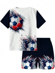 2pcs/Set Boys' Fashion 3D Soccer Print Crew Neck Casual Loose Comfortable T-Shirt And Shorts Set, Suitable For Outdoor Sports