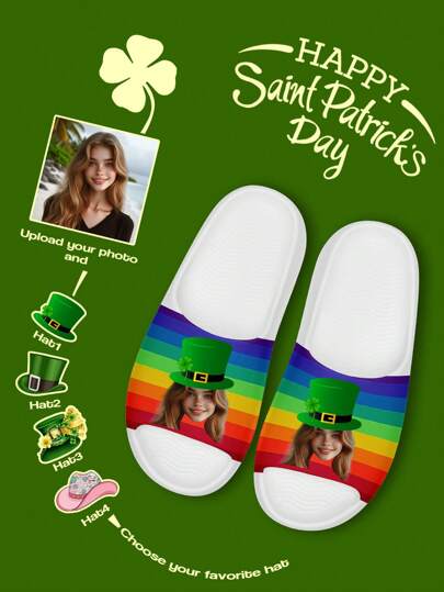 Diapositivas personalizadas del Día de San Patricio, sandalias personalizadas con diseños de sombreros intercambiables, suela ultra suave, cómoda, antideslizante, para interiores y exteriores, playa y hogar, regalo personalizado para mamá/papá/ella/él/novia/novio/esposa/esposo/amigo