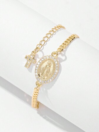 1 件经典时尚微镶嵌锆石铜链，镀金单层立体雕刻天主教椭圆形圣母玛利亚和耶稣手链，适合作为母亲节/情人节礼物，送给情侣、姐妹、朋友、信徒，适合日常和节日佩戴、祈祷、妈妈、母亲、母亲节、礼物
