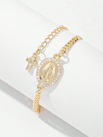 1pc Classic Fashion Micro-Inlaid Zirconia Copper Chain, Gilded Single-Layer Dimensional Carved Catholic Oval Virgin Mary & Jesus Cross Bracelet, Suitable As Mother's/Valentine's Day Gift For Couples, Sisters, Friends, Believers, For Daily And Festival Wear, Prayer, Mom, Mother, Mother's Day, Gift