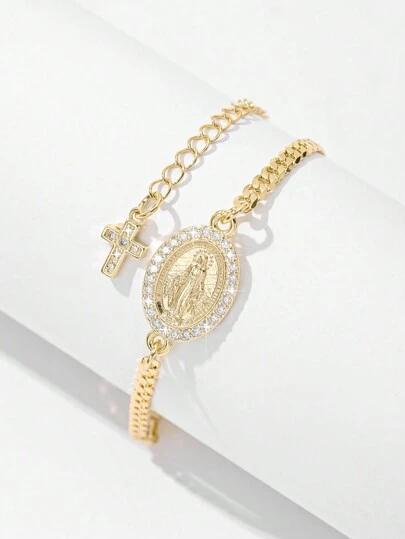 1 件经典时尚微镶嵌锆石铜链，镀金单层立体雕刻天主教椭圆形圣母玛利亚和耶稣手链，适合作为母亲节/情人节礼物，送给情侣、姐妹、朋友、信徒，适合日常和节日佩戴、祈祷、妈妈、母亲、母亲节、礼物