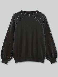 Damen Große Größen eleganter Rundhals Strickpullover mit Perlenverzierung für Herbst/Winter - Schwarz - Übersicht 4