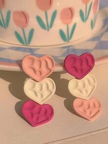 1对粉色渐变心形可爱甜美耳环，少女风 - 彩色 - 查看 5