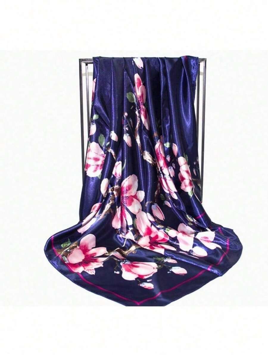 TOP Lenço de Cetim multiuso 90x90 Cropped Bandana Turbante Floral - Azul Marinho - Visão 1
