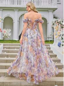 Đầm dạ hội dài dáng Bardot xẻ tà bằng vải lưới họa tiết hoa Kexmon thanh lịch và lãng mạn, được làm thủ công, thích hợp cho tiệc tối, đám cưới, dạ hội mùa xuân. - Màu tím - Xem 3