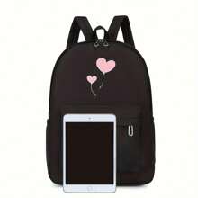 Women's Fashion Backpack, Black Nylon Casual Shoulder Bag With Pink Heart Balloon Print, Large Capacity Travel Bag, Lightweight, Zip Closure, Polyester Lining, Adjustable Straps, Hand Wash Care