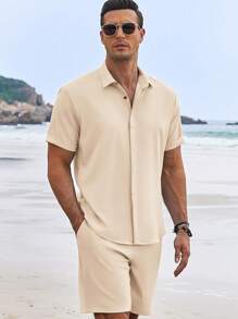 Men's Summer Beach Outfits 2 Piece Short Sleeve Shirts And Shorts Vacation Sets For Men - 淺卡其 - 查看 3