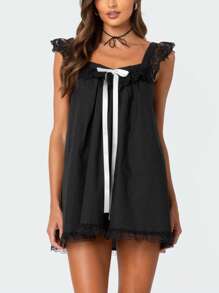 Women Summer Casual Mini Dress Lace Trim Fly Sleeve Bowknot Embellished Short Dress - màu đen - Xem 1