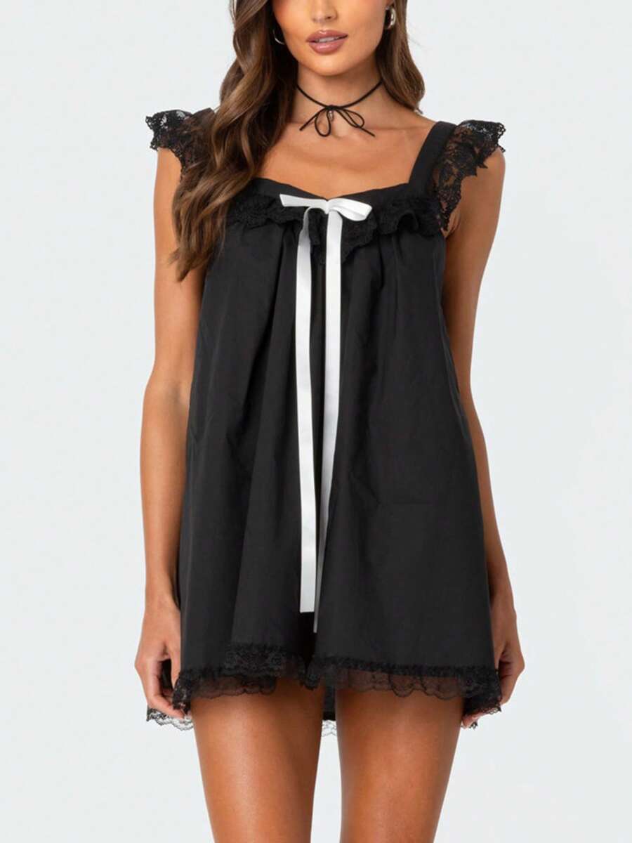 Women Summer Casual Mini Dress Lace Trim Fly Sleeve Bowknot Embellished Short Dress - màu đen - Xem 1