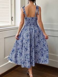 Robe mi-longue à lacets avec imprimé géométrique et carreaux pour femmes - Bleu et Blanc - Voir 2
