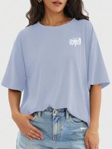 Speed mate Women's Spider Print Half Sleeve Cropped Fitted T-Shirt, Casual, Spring/Summer - Dusty Blue - View 3