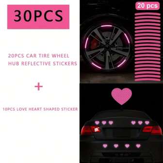 30pcs Pink Reflective Car Decal Set - 20pcs Vinyl Wheel Rim Stickers + 10pcs Heart Shaped Glow-In-The-Dark Stickers, For Car, Motorcycle, Bicycle Decoration - Shiny Vinyl Decals