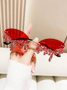 1 Cặp Kính Mắt Thời Trang Hình Giọt Nước Thiên Thần Không Gọng Kim Loại Đính Đá Rhinestone Cho Tiệc Tùng & Lễ Kỷ Niệm Cho Kỳ Nghỉ Hè Trên Bãi Biển, Ngoài Trời, Du Lịch - Đỏ - Xem 1