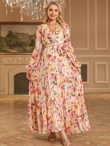 New Vintage Print Floral Long Dress, Ruffle Trim Party Dress, Wedding Guest Dress, For Cocktail - Multicolor - View 2