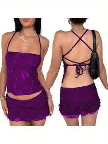 Women Lace Outfit Tie-Up Back Sleeveless Crop Tops Low Rise Mini Skirt 2 Piece Set For Party Club