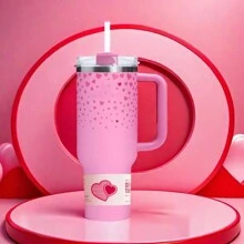 2.0 Large Capacity 40 Oz Walking Mug Insulated Cooler Mug Walking Mug Yoga Stainless Steel Mug With Removable Straw, Exclusive For Valentine's Day, The Best Gift For Him And Her. - 粉紅色心形圖案 - 查看 2