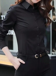 Camisa formal negra para mujer, blusa de manga larga para el trabajo, atuendo de oficina, vestimenta de negocios, nueva colección primavera/otoño 2025 - Negro - Ver 2