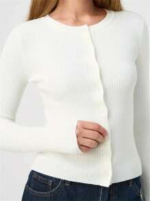 Women's Autumn Sweater Cardigan Solid Color Long Sleeve Round Neck Button Up Ribbed Knitwear - White - View 3