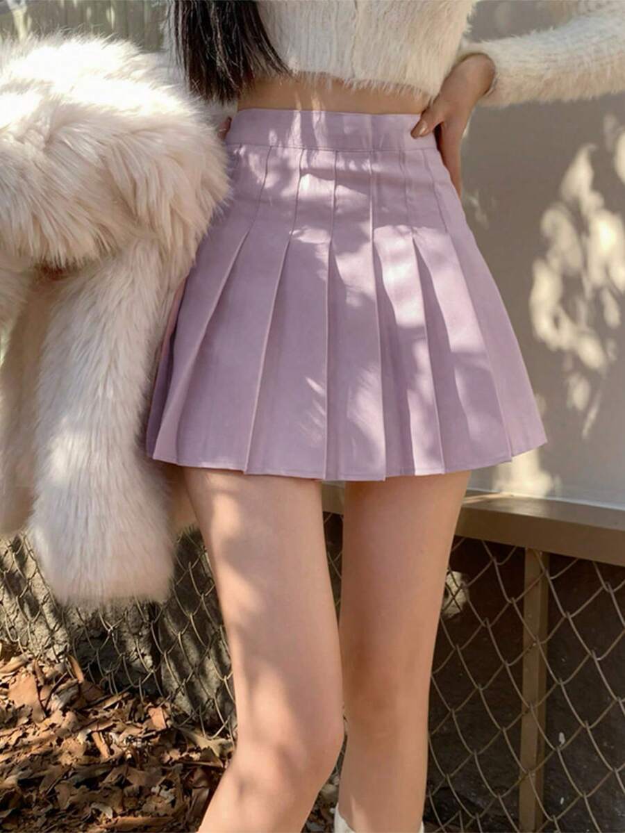 Casual Versatile Solid Color Pleated A-Line Skirt - Purple - View 1