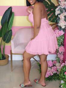 Đầm đi biển cổ yếm hở lưng, màu trơn, xếp ly, thích hợp cho nữ, mặc hàng ngày và đi nghỉ dưỡng, màu hồng nhạt, kiểu dáng thanh lịch mùa hè. - Hồng - Xem 2