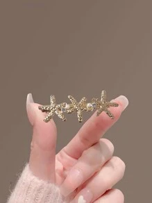 1pc Elegant & Fashionable Hair Clip, Minimalist Starfish & Pearl Design, Suitable For Daily Use - Gold - View 2
