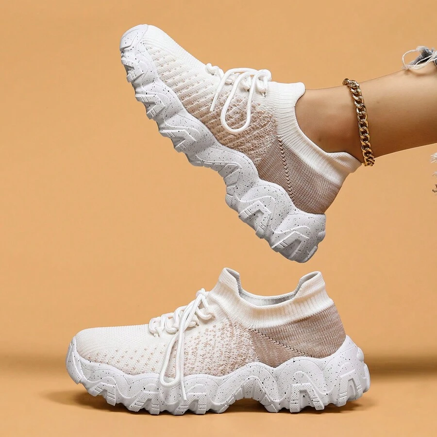 Women's Simple Plain Lace-Up Low Top Sock Sneakers, Summer 2024 Casual Comfortable Breathable Lightweight Sports Running Shoes - 巧克力棕 - 查看 1
