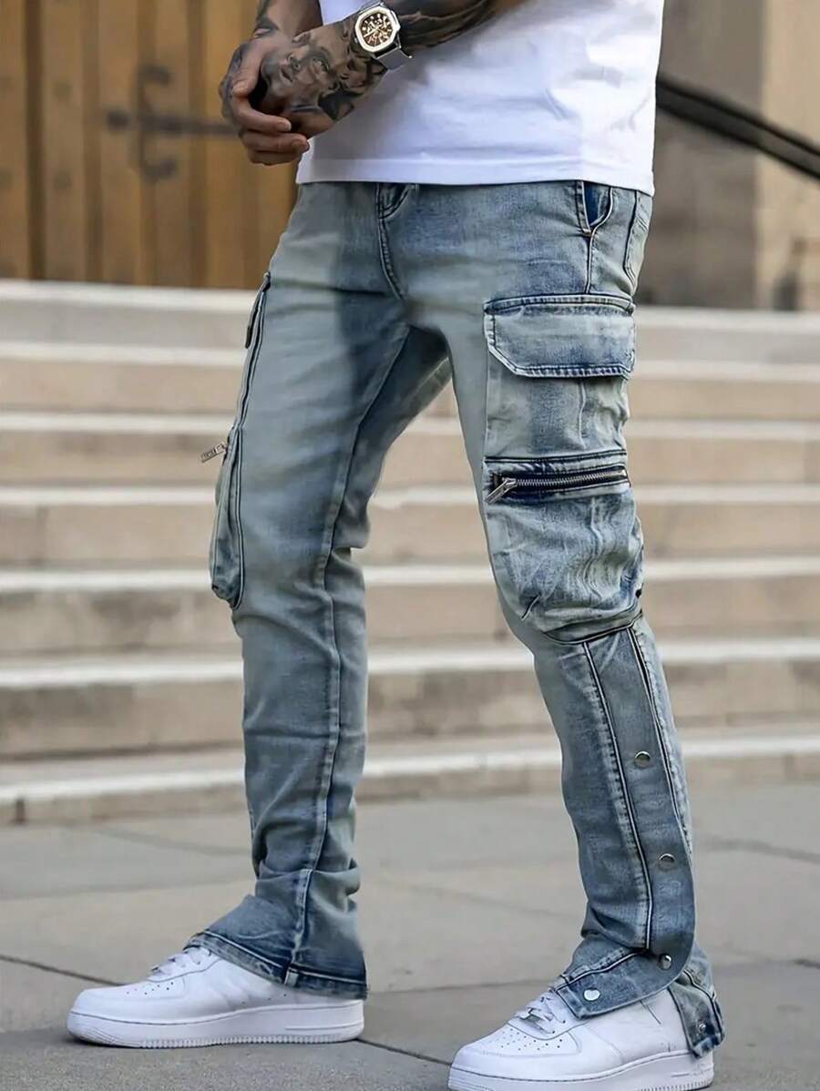 男士时尚街头风格多口袋紧身牛仔裤 - 中等水洗藍 - 查看 1