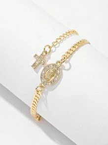 1pc Classic Zirconia Copper Chain Two-Tone Virgin Mary & Jesus Cross Charm Bracelet, Suitable Gift For Mother, Valentine, Couple, Sibling, Friend, Everyday & Festive Wearing & Praying