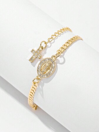 1pc Classic Zirconia Copper Chain Two-Tone Virgin Mary & Jesus Cross Charm Bracelet, Suitable Gift For Mother, Valentine, Couple, Sibling, Friend, Everyday & Festive Wearing & Praying