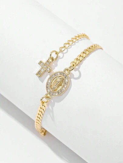 1pc Classic Fashionable Micro-Inlaid Zirconia Copper Chain Gold-Plated Two-Layer Carved Oval Catholic Virgin Mary & Jesus Cross Chain Bracelet, Suitable For Gifting To Mother, Valentine, Couples, Sisters, Friends, Religious, For Daily & Holiday Wear & Prayer
