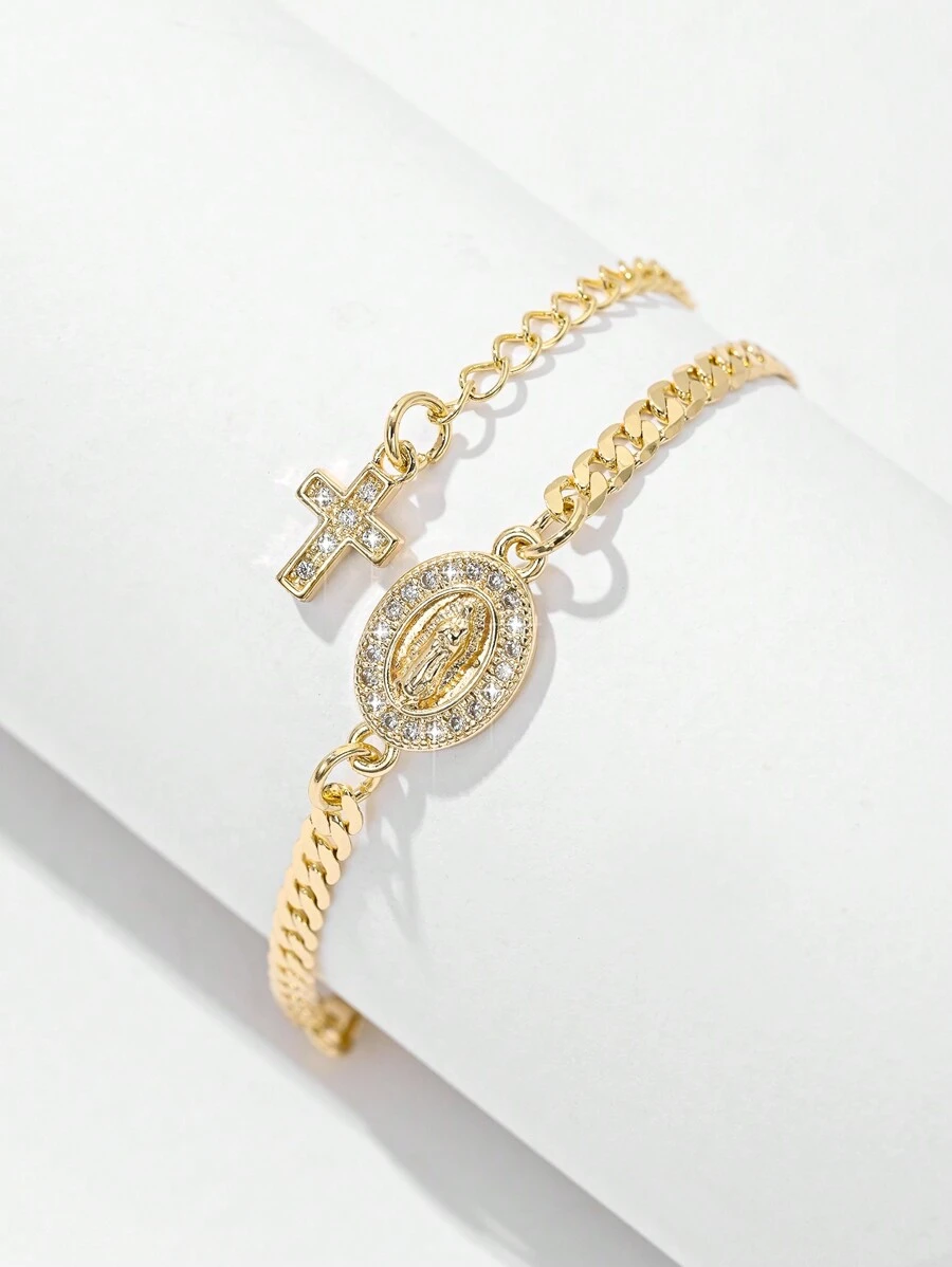 1pc Classic Zirconia Copper Chain Two-Tone Virgin Mary & Jesus Cross Charm Bracelet, Suitable Gift For Mother, Valentine, Couple, Sibling, Friend, Everyday & Festive Wearing & Praying