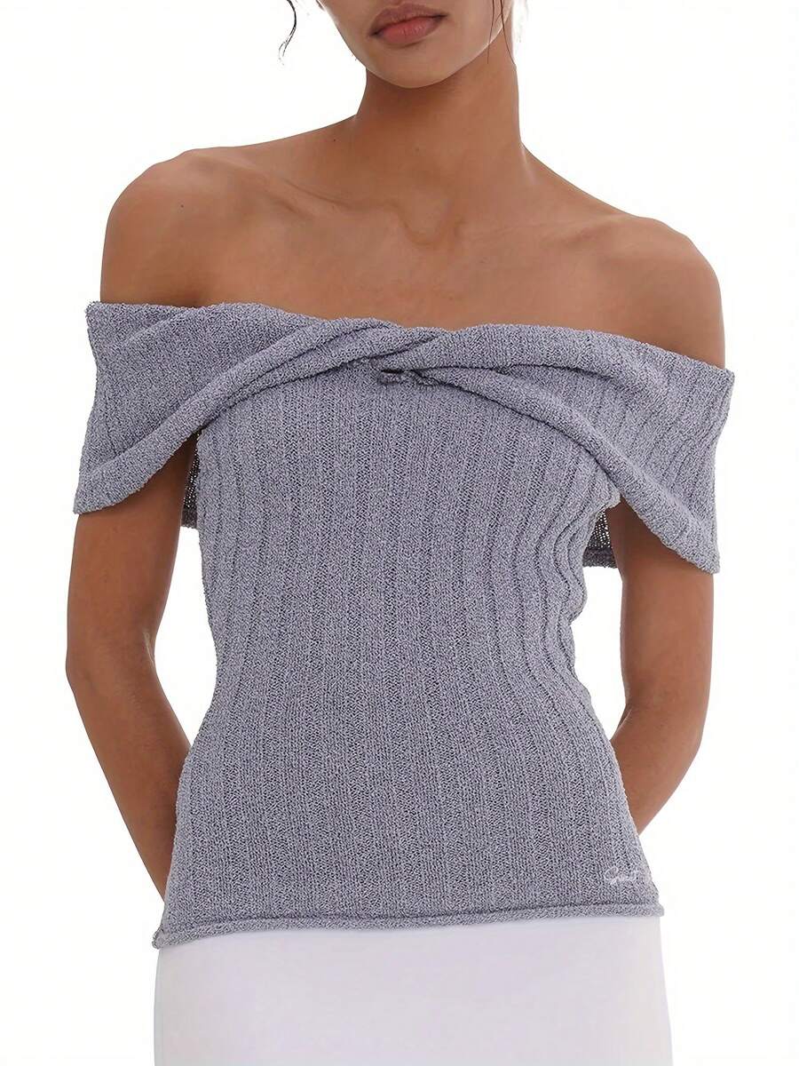 Women's Twisted One Shoulder Knit Top Strapless Long Sleeve Shirt Basic Out Top - 藍色 - 查看 1