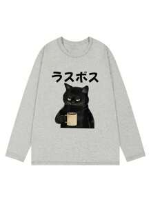 女士休闲字母与日本猫印花长袖 T 恤，春/秋