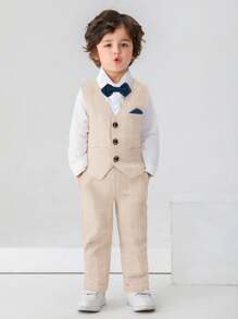 BOARNSEORL Conjunto de traje de caballero para niños pequeños de 3 piezas: camisa de manga larga blanca con moño, chaleco y pantalones a cuadros, elegante y adecuado para fiestas de cumpleaños, fiestas de noche, bodas, bautizos, primeras celebraciones de cumpleaños