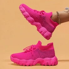 Women's Simple Plain Lace-Up Low Top Sock Sneakers, Summer 2024 Casual Comfortable Breathable Lightweight Sports Running Shoes - 棗紅 - 查看 2