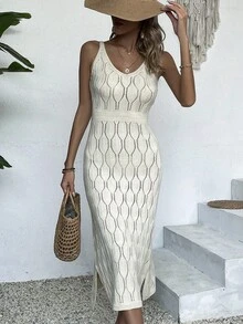 Damen Lässig V-Ausschnitt einfarbiges gehäkeltes Kleid mit Schlitzausschnitt, komplett weiß für den Sommer, cremeweiß/gelb für den Schulanfang im Herbst, würdevolles langes Partykleid für Herbst/Winter (Muster zufällig) - Aprikosenfarben - Übersicht 4