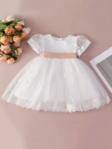 Baby/Toddler Girls White Wedding Flower Girl Dress, 0-2 Years Old, For Birthday Party And Wedding - White - View 1