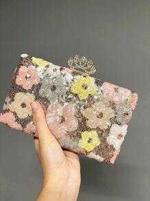 Unique Peacock Metal Sequin Embroidered Floral Evening Clutch Bag, Elegant And Exquisite Fashion Ladies Handbag With Metal Chain, Suitable For Party, Wedding, Prom