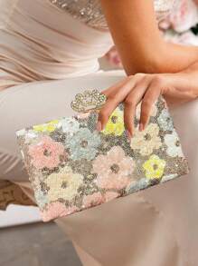 Unique Peacock Metal Sequin Embroidered Floral Evening Clutch Bag, Elegant And Exquisite Fashion Ladies Handbag With Metal Chain, Suitable For Party, Wedding, Prom