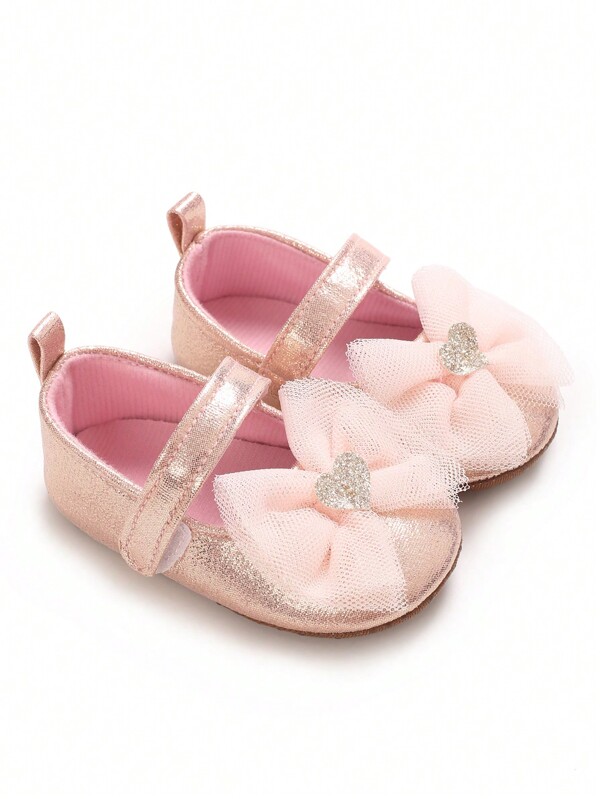 Valentine's Day Pink Heart Pattern Mary Jane Soft Bottom Shoes For Infant Girls, Comfortable Hook And Loop Flat Shoes For Spring And Summer