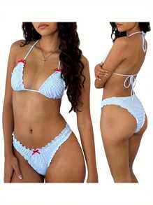 The Women's Summer Bikini Set Features A Top With A Lace Up Collar, Tie Up, Bottom Collar, Backless, And Belly Button Design. Lightweight And Soft, Skin Friendly And Breathable. Suitable For Swimming, Surfing, Beach, Tropical, Honeymoon, Sports, Vacation, Pool Parties, Etc. - 藍色 - 查看 10