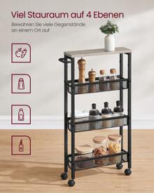 VASAGLE Rollwagen 4 Ebenen, Küchenwagen schmal, Nischenregal auf Rollen, Stahl, Griff, für kleine Räume, 13 x 45,4 x 77 cm, Küche, Bad, Wohnzimmer, Arbeitszimmer - Kamelfarben - Übersicht 4