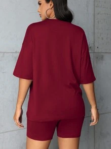 Women's Solid Color Casual Round Neck T-Shirt And Shorts Set, Christmas - Burgundy - View 3
