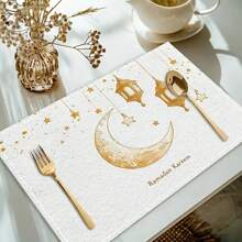 4 sztuki/zestaw podkładek poliestrowych Ramadan Kareem - odporne na ciepło, antypoślizgowe, wzór gwiazdy i półksiężyca na uroczystości Eid Al-Fitr i wystrój jadalni w domu, nadające się do prania w pralce, tkane, prostokątne podkładki stołowe