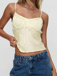 Women's Y2K Satin Cami Tops Summer Sleeveless Open Back Low Cut Slim Fit Camisole Fairycore Lace Trim Tank Tops - 黃色 - 查看 3