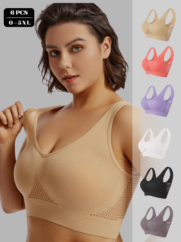 6 Stücke Damen Sport Bh 1xl-5xl Stoßfester Sport Bh Mit Atmungsaktiven Löchern, Hohlmasche, Verbreiterten Schultergurten, Abnehmbaren Brustpolstern, U-förmigem Schönen Rücken, Große Größen Yoga Weste Bh Pink Sport Bh