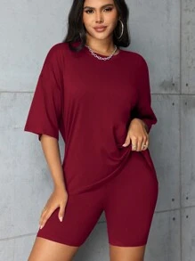 Women's Solid Color Casual Round Neck T-Shirt And Shorts Set, Christmas - Burgundy - View 2
