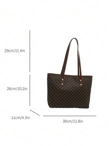 1pc Women Khaki PU Zipper Jacquard Pattern Tote Bag, Large Capacity Minimalist Printed Rivet Design Shoulder Handbag, Versatile - Coffee Brown - View 2